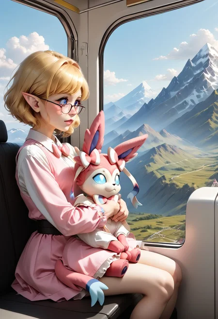 anime art. girl with blonde medium hair, cute blue eyes, pointy ears, glasses, small boobs, pink dress, mountains, smoothie, sitting in train, looking at mountains, sylveon plushie