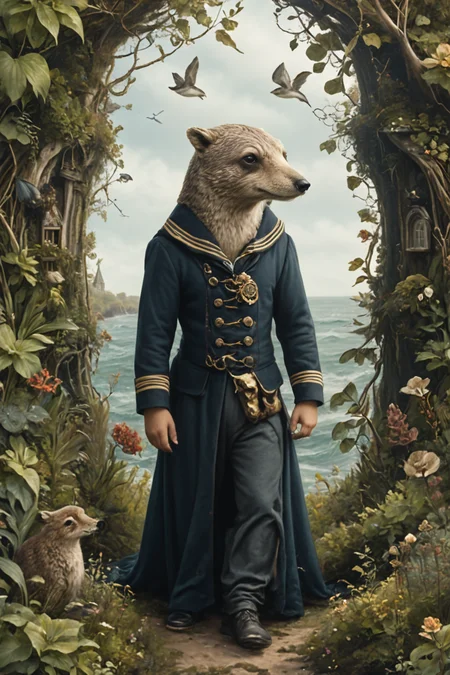 Detailed digital portrait of a Nautical selkie in Victorian sailor attire at a Overgrown path leading to hidden grove, <lora:xl_more_art-full_v1:0.5>, <lora:The_Crazy_Style:0.7>