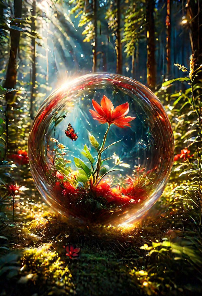 ((a scarlet flower glows in the mountains, magical light)), blur, white flower, butterfly, depth of field, ((night))