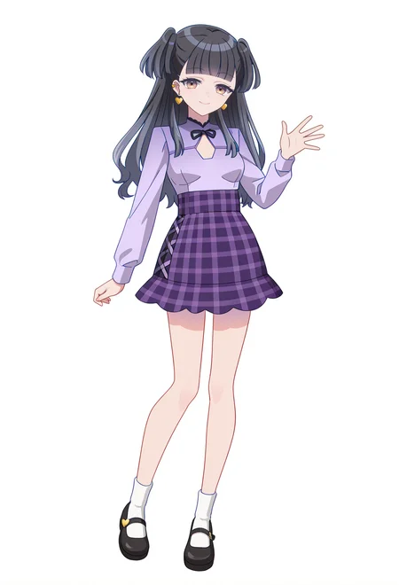 <lora:AZU NIISATA_illustrious-000036:1>,
AZU NIISATA, solo, skirt, heart earrings, full body, earrings, jewelry, socks, white socks, white background, black footwear, plaid, shirt, shoes, smile, looking at viewer, simple background, long sleeves, two side up, plaid skirt, blunt bangs, mary janes, heart, clothing cutout, purple shirt, mayuzumi fuyuko, standing, breasts, purple skirt, checkered skirt, closed mouth, waving