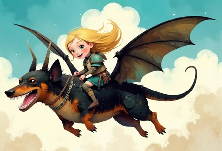ppstorybook, vivid colorful whimsical storybook illustration of young girl with long blonde hair wearing chainmail armor is  riding  a cross between a Fat all black Dachshund dog and a dragon with human teeth dentures and large bat-like wings, flying through the sky
