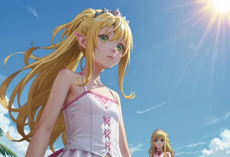 score_9, score_8_up, score_7_up, (((from Front and from below))),
at the beach, sun goes down,
Yue, blonde hair, very long hair, red eyes,
Liliana, long hair, blonde hair, ponytail, tiara, green eyes,
Tio, yellow eyes, pointy ears, black hair, hair ornament,