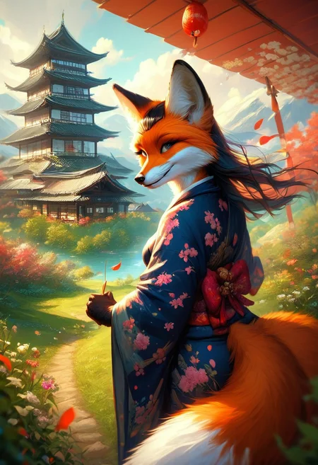 score_9_up,score_8_up,score_7_up,(masterpiece),(best quality),hyper detailed,perfect anatomy,anthro fox girl,foxfolk,dazzling,perfect face,
sexy,seductive,long hair,cleavage,black hair,print_kimono,furisode,orange furr,
wind_lift,dusk,outdoor,in spring,falling petals,cherry blossoms,looking_back,looking_at_viewer,dynamic_angle,photo realistic,