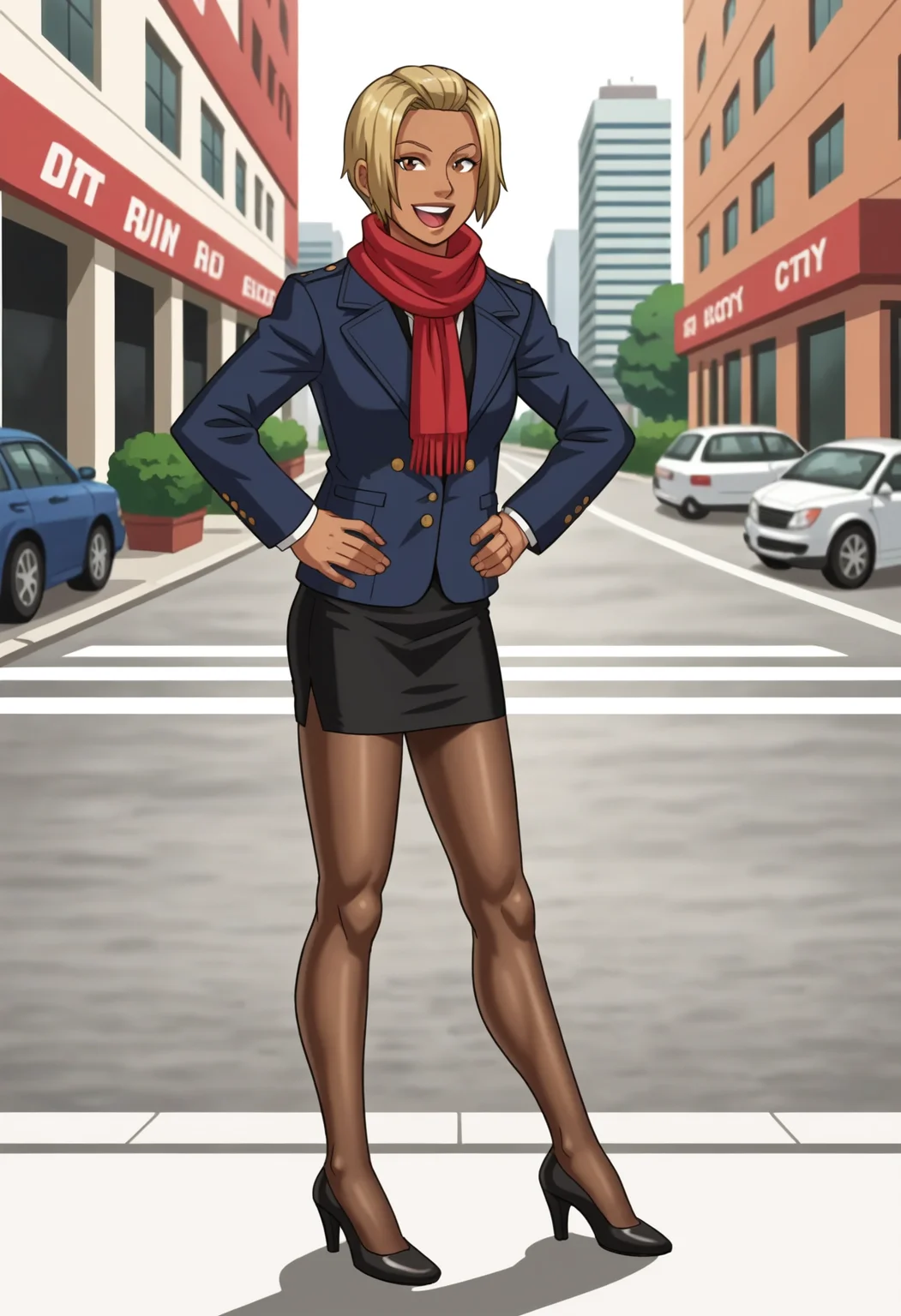 score_9,score_8_up,score_7_up,source_anime BREAK anime screencap, anime colors, 1girl, <lora:KikiGTA4Pony:0.85>, kjgta4, dark-skinned female, blonde hair,short hair,pantyhose,jacket,skirt,red scarf,high heels,outdoors, standing,city,sidewalk,full body,happy, :d, hands on hips,(solo:1.2)