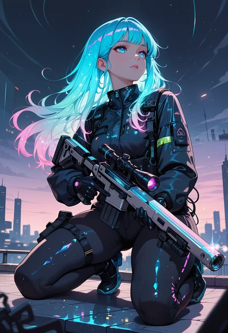 masterpiece, best quality, good quality, very aesthetic, absurdres, newest, 8K, depth of field, focused subject, 1girl, kneeling on rooftop, holographic, holofoil glitter, faint, glowing, ethereal, neon hair, glowing hair, long hair, bob-like layers ,trigger discipline, sniper rifle, in the style of cknc, in the style of ck-rw