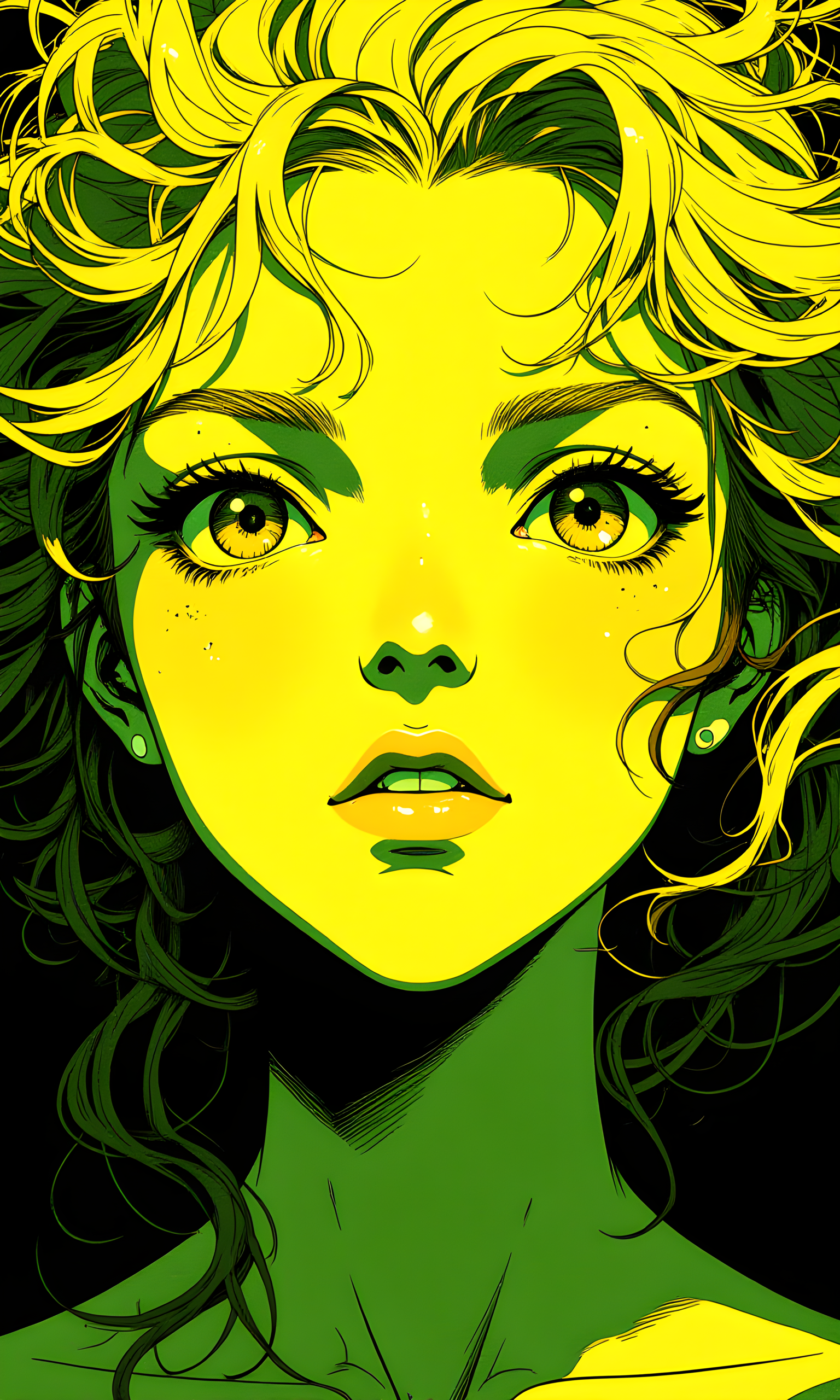 The image is a highly stylized and abstract portrait of a woman's face. The color palette is dominated by shades of yellow and green, with the woman's skin appearing in a luminous yellow hue. Her eyes are large and expressive, with a piercing gaze that draws the viewer in. The eyes are detailed with intricate lines and shading, giving them a sense of depth and intensity.
The woman's hair is depicted as a mass of thin, wispy strands that seem to float around her head, adding to the ethereal quality of the image. These strands are painted in a similar yellow tone, blending seamlessly with the rest of the composition. The background is dark, which makes the bright colors of the face and hair stand out even more.
The camera appears to be positioned directly in front of the subject, capturing her face in a close-up shot. The lighting is dramatic, with strong contrasts between light and shadow. The light seems to be coming from above, casting shadows that accentuate the contours of her face. The overall effect is one of mystery and intrigue, as if the woman is emerging from the darkness.
The background is mostly dark, with no distinct features or objects. This lack of detail helps to keep the focus on the woman's face and the intricate details of her hair. The dark background also adds to the sense of depth and dimension in the image.
The composition is centered on the woman's face, with the lines of her hair and the direction of her gaze leading the viewer's eye towards the center of the image. The use of color and line creates a sense of movement and energy, making the image feel dynamic and alive. The overall effect is both striking and haunting, evoking a range of emotions in the viewer.
BREAK anime, d13s3lp2nk, bboil artist style, OBdonman, Anime art, <lora:FLUX\Anime Art V3:0.2>, <lora:FLUX\Synesthesia:0.2>, <lora:FLUX\RetroAnimeS1.1:0.5>, <lora:FLUX\Flux-jijia:0.1>, <lora:FLUX\It's a LoRA for portraits, BUT! actually specialized in backgrounds. v1.0:0.1>, <lora:FLUX\GLSHS:0.2>, <lora:FLUX\Dieselpunk Delight - s0_9 g4:0.4>, <lora:FLUX\OBdonman, anime0style portrait:0.1>