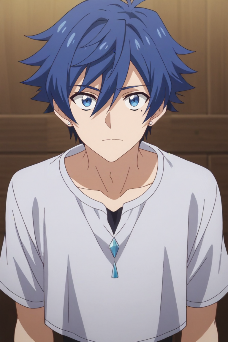 score_9, score_8_up, score_7_up,source_anime,BREAK, rating_safe, intricate details , , , anime screencap, anime coloring, official style, depth of field,1boy, solo, male focus , , ,<lora:allen:0.70>, allen westfelt,blue hair,blue eyes,spiky hair,short hair,mole,jewelry,upper body,cropped shirt,white shirt,short sleeves,from above,look up , , ,<lora:sdxl_lightning_8step_lora_315544:1>