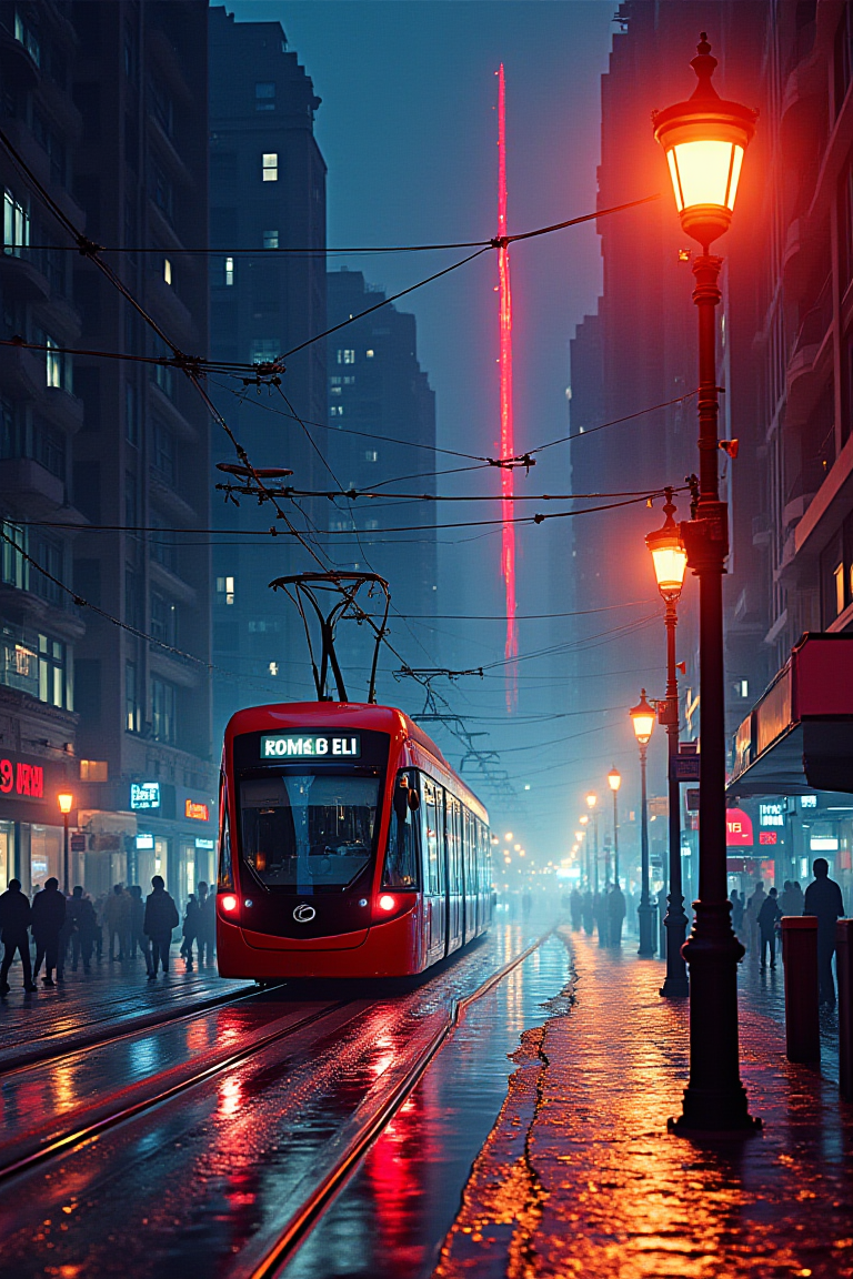 Beauty, realism, cinematic quality, chiaroscuro, rays of light, play of shadow and light, cinematic style, Super HD, Midjourney style, A stunning watercolor impressionist painting featuring a vibrant red and white beam cutting through the night sky. A tram glides gracefully along overhead wires, illuminated by the warm glow of a street lamp on the right side of the street. The play of light and shadow adds depth to the scene, while the noticeable brush strokes create a sense of movement and energy. The overall composition is a captivating blend of fashion, conceptual art, and urban landscapes., conceptual art, fashion