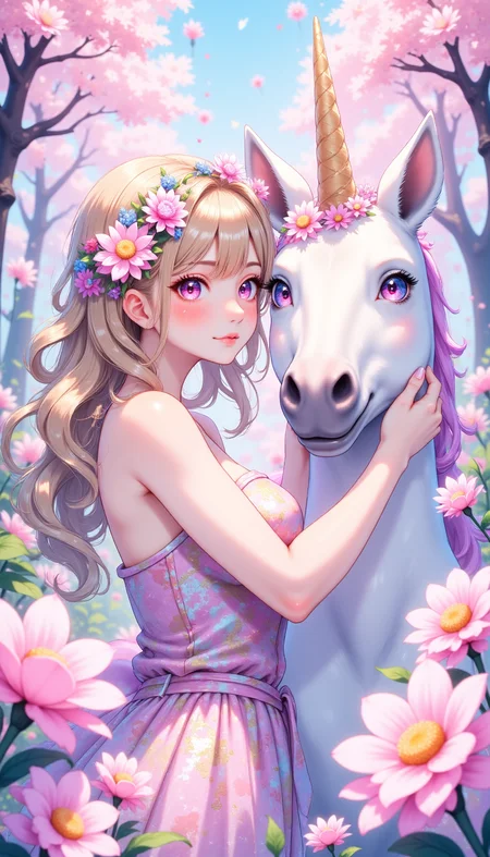 pinkmysticanime,
Unicorn Whisperer: A woman with pastel-colored hair and a crown of flowers, gently touching a unicorn with a shimmering coat; whimsical and serene.