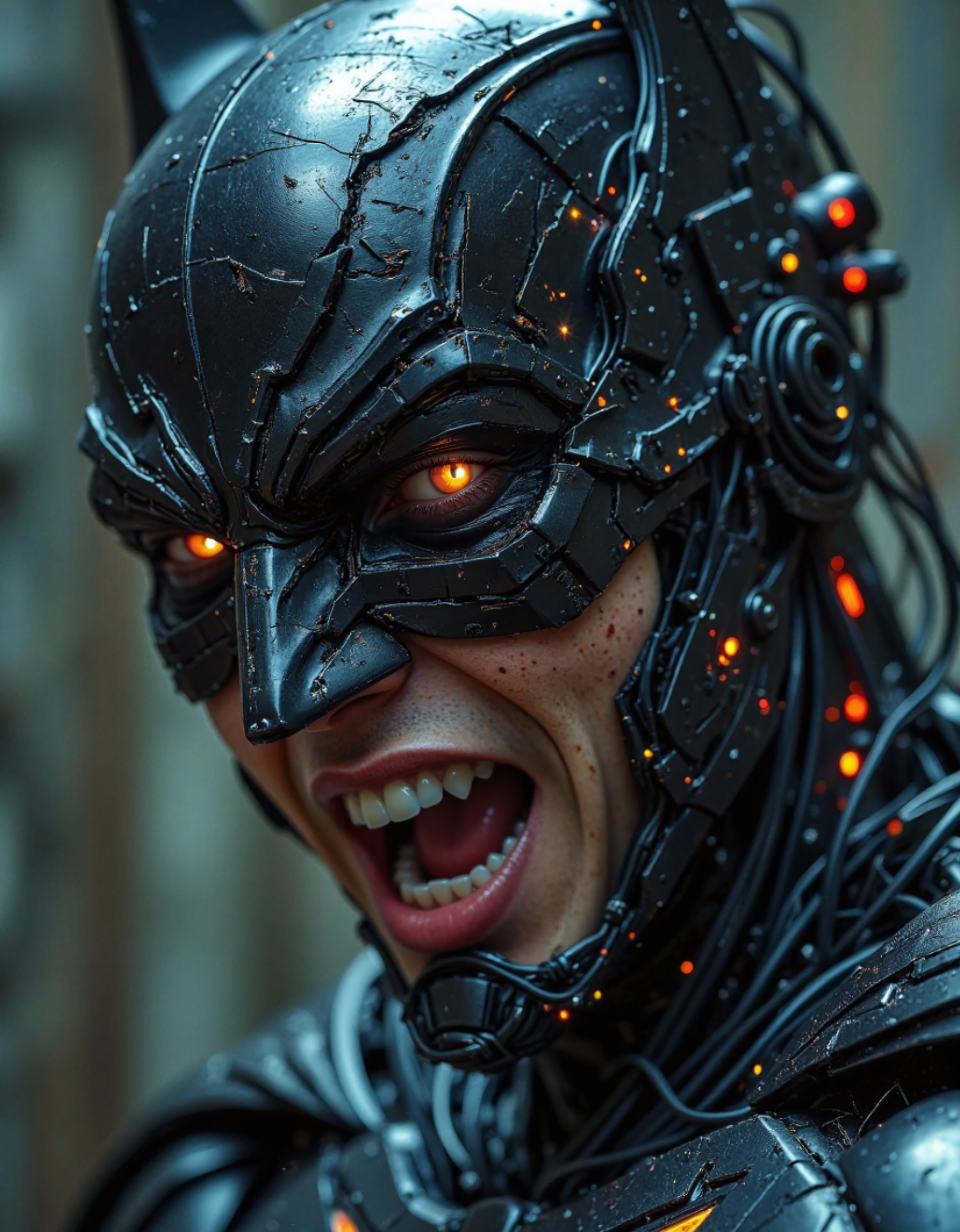 cybernetic robot (dark mood masterpiece Photography:1.2), a portrait of Batman, angry screaming, modern, fuzzy lighting, dark mood, (rule of thirds composition), mysteriouse, emotional, highly detailed, melancholic, refraction, low-light hyper detailed photography, covered eyes by a visor, angry screaming, furious, enraged, partially damaged armor, looking at the camera, eye-level shot,close-up,style by ryohei hase,light and shadow plays,edge lighting . android, AI, machine, metal, wires, tech, futuristic, highly detailed