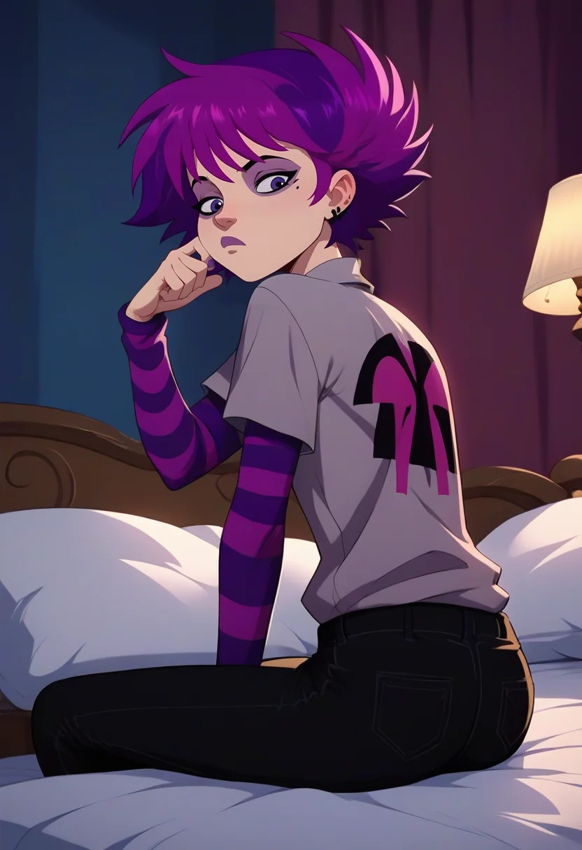 ophelia ramirez, 1girl, purple hair, short hair, shirt, striped sleeves, black pants, sitting, confused, arm up, looking back, <lora:ophelia-08:0.8>