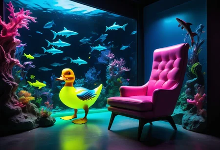 Bioluminescent duck, (masterpiece, best quality, high quality, highres, ultra-detailed),  Surrealism, 8k, film photography, soft lighting, heavy shadow, (((neon color style))),  <lora:add-detail-xl:1>, upclose, Intricate. By Jean Baptiste Monge, (((neon))), (Ombre color scheme of neon orange, neon pink, neon blue, neon yellow, neon green), vibrant colors, psychedelic, full body, on chair, pink gloves, aquarium background with shark, rainbow lamps, DuckiferXL