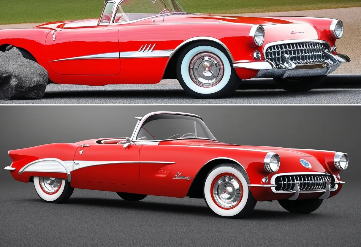 classiccars, ground vehicle, car, vehicle focus, no humans, high detail photography, sharp focus, outdoors, in style of a 1956 Chevrolet Corvette and a 1956 Ford Thunderbird. Color: Red.
