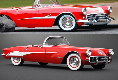classiccars, ground vehicle, car, vehicle focus, no humans, high detail photography, sharp focus, outdoors, in style of a 1956 Chevrolet Corvette and a 1956 Ford Thunderbird. Color: Red.