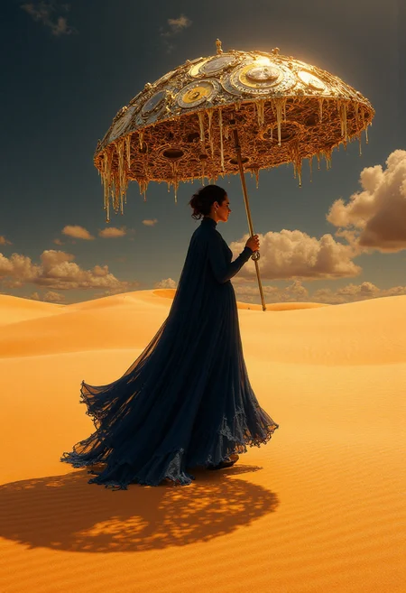 A striking, hyperrealistic fashion art photograph capturing a scene of surreal beauty and enigmatic mystery. A mysterious woman, her face veiled in shadow, walks gracefully through an endless desert of shimmering golden sand that flows and ripples like liquid, defying the laws of nature. She is dressed in a flowing, avant-garde gown of deep midnight blue, its fabric whispering in the desert wind, contrasting sharply with the golden landscape. In her hand, she holds an intricately designed umbrella, a masterpiece of steampunk artistry, composed of melting clocks and gears, their metallic surfaces glinting in the otherworldly light. This mesmerizing umbrella, a symbol of the fluidity and malleability of time, casts a strange, distorted shadow that stretches unnaturally long across the dunes, adding to the surreal atmosphere. The sky above is a swirling vortex of deep oranges and purples, a canvas of cosmic wonder, where fragmented pieces of antique architecture, remnants of a lost civilization or a forgotten dream, float seamlessly, defying gravity and logic. These architectural fragments, weathered and cracked, whisper tales of a past that blends seamlessly with the surreal present. Dramatic lighting, casting long, contrasting shadows across the dunes and the woman's form, adds a sense of depth and drama to the scene, highlighting the intricate details of her gown, the umbrella, and the architectural fragments. The overall composition is a mesmerizing fusion of surrealism and steampunk aesthetics, a thought-provoking exploration of time, memory, and the boundaries of reality. Rendered in hyperrealistic detail, with an ultra-realistic quality that blurs the line between photography and painting, this captivating image invites the viewer to step into a world where the impossible becomes possible, and the boundaries of time and space dissolve into a dreamscape of infinite possibilities.
