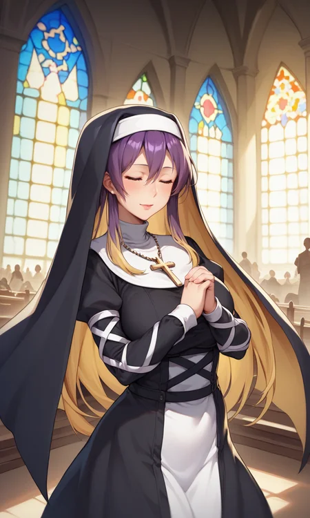 score_9, score_8_up, score_8, score_9, 1 girl, source_anime, hijiri byakuren, <lora:byakuren_hijiri_pony-10:0.8>, purple hair, blonde hair, two-tone hair, black dress, white dress, layered dress, cross-laced clothes, nun, habit, praying, eyes closed, long hair, sexy, mature, milf, indoors, church, <lora:BikupanStyle:0.8> BikupanStyle