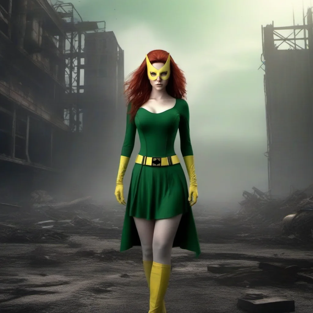 Dystopian style a fullbody skinny with big breast redhead woman wears a green dress and a yellow mask, powerfull superhero <lora:MarvelGirl1024:0.8> . Bleak, post-apocalyptic, somber, dramatic, highly detailed