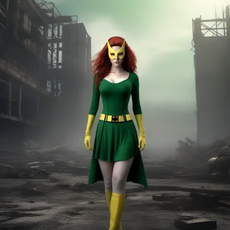 Dystopian style a fullbody skinny with big breast redhead woman wears a green dress and a yellow mask, powerfull superhero <lora:MarvelGirl1024:0.8> . Bleak, post-apocalyptic, somber, dramatic, highly detailed