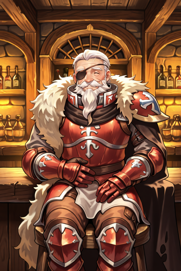 <lora:BaldusIL:0.8> , BldsDef, 1boy, one-eyed, white hair, beard, facial hair, mustache, eyepatch, armor, greaves, gauntlets, fur pauldrons, fur shawl, black cape, cape, torn cape, white background, simple background, old, old man, cowboy shot, laughter, happy, smile, hand on own stomach, tavern, bar, wine shelves, wooden countertop, windows, tavern room, adventurer's guild, sitting, bar stool, medieval fantasy, solo, masterpiece, very aesthetic, absurdres, best quality, amazing quality, high resolution, detailed background, <lora:illustrious_quality_modifiers_masterpieces_v1:0.8> , <lora:ChamIllustriousBackgroundEnhancer:0.5>