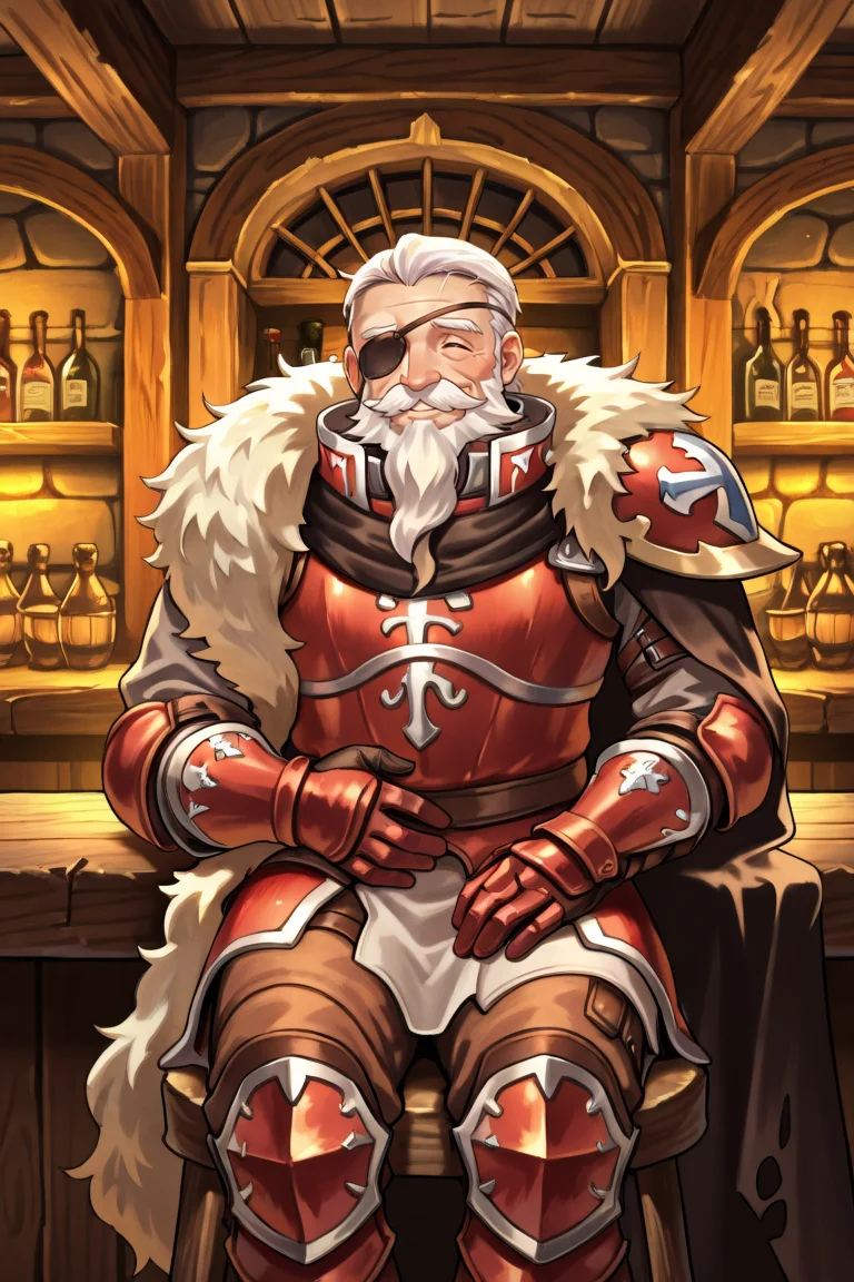 <lora:BaldusIL:0.8> , BldsDef, 1boy, one-eyed, white hair, beard, facial hair, mustache, eyepatch, armor, greaves, gauntlets, fur pauldrons, fur shawl, black cape, cape, torn cape, white background, simple background, old, old man, cowboy shot, laughter, happy, smile, hand on own stomach, tavern, bar, wine shelves, wooden countertop, windows, tavern room, adventurer's guild, sitting, bar stool, medieval fantasy, solo, masterpiece, very aesthetic, absurdres, best quality, amazing quality, high resolution, detailed background, <lora:illustrious_quality_modifiers_masterpieces_v1:0.8> , <lora:ChamIllustriousBackgroundEnhancer:0.5>