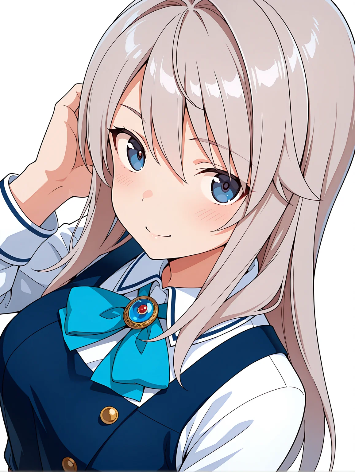 masterpiece,best quality,amazing quality,
1girl,solo,
<lora:k_chieri_ilxl_1.5:1>,chieri,ahoge,grey hair,blue eyes,
amajyo,blue dress,blue skirt,
<lora:Fixhands_anime_bdsqlsz_V1:1>,light_blush,white_background,simple background,standing,face_focus,looking_at_viewer,smile,:o,dynamic_angle,upper_body,hand_in_hair,portrait,front view,