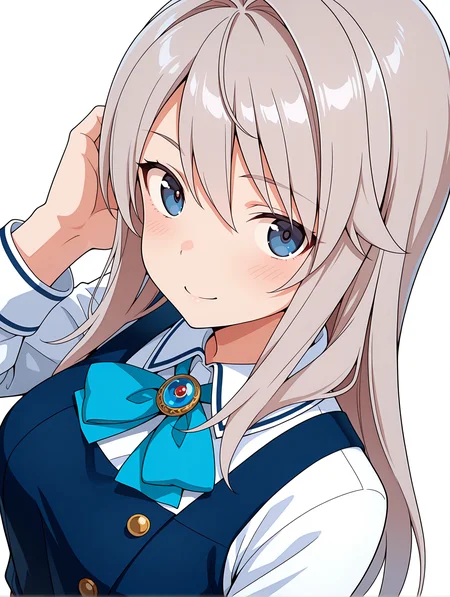 masterpiece,best quality,amazing quality,
1girl,solo,
<lora:k_chieri_ilxl_1.5:1>,chieri,ahoge,grey hair,blue eyes,
amajyo,blue dress,blue skirt,
<lora:Fixhands_anime_bdsqlsz_V1:1>,light_blush,white_background,simple background,standing,face_focus,looking_at_viewer,smile,:o,dynamic_angle,upper_body,hand_in_hair,portrait,front view,