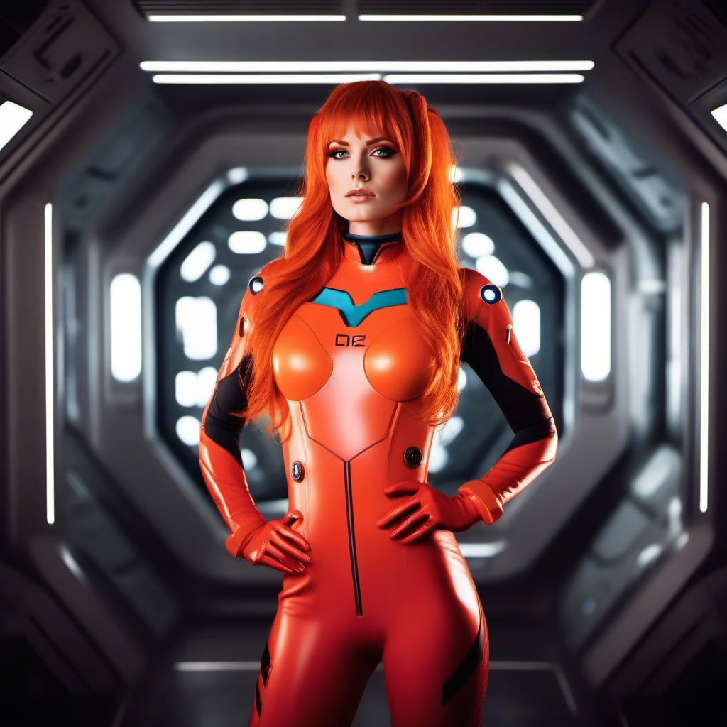 cinematic photo a full body woman, red plugsuit, blue eyes, orange hair, in a spaceship  <lora:Asuka1024:0.8> . 35mm photograph, film, bokeh, professional, 4k, highly detailed