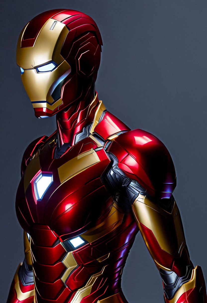 A woman's upper body is clad in a sleek, hyper-realistic Ironman suit, with metallic red and gold armor plating glistening under soft, cinematic lighting, set against a blurred, dark grey background, with a shallow depth of field, emphasizing the intricate details of the suit's texture and the subject's determined expression, in a photorealistic style reminiscent of a high-end digital painting.