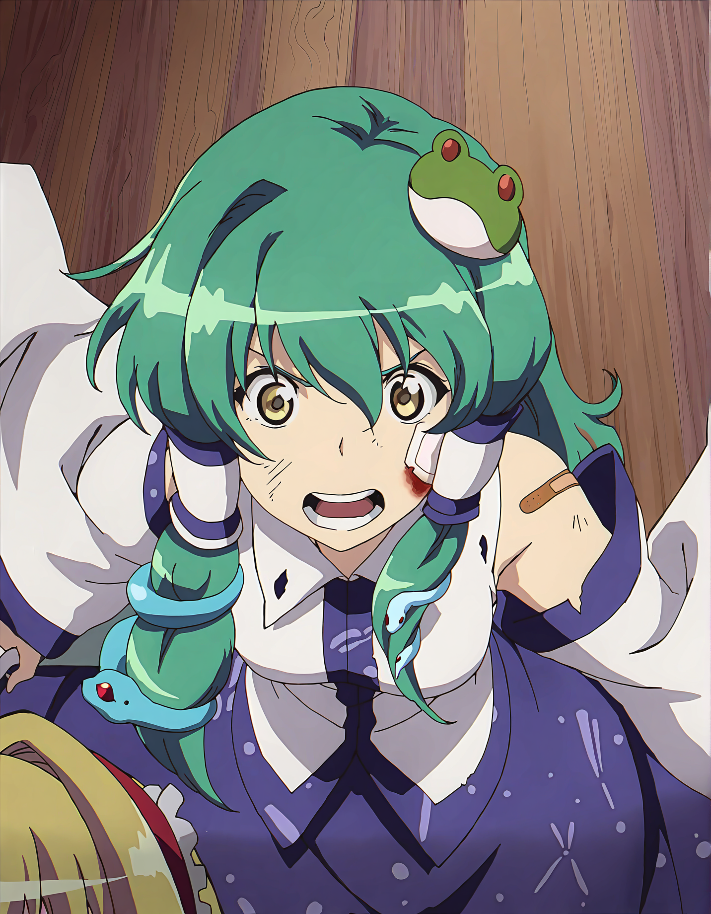memoriesofphantasm, kochiya sanae, multiple girls, 2girls, alice margatroid, blonde hair, green hair, sensitive, hair ornament, yellow eyes, long hair, hairband, frog hair ornament, snake hair ornament, detached sleeves, open mouth, purple eyes, snake, parody, injury, short hair, blue eyes, frog, hair tubes, anime coloring, bandaid
very awa, masterpiece, best quality, year 2024, newest, highres, absurdres, <lora:memories-of-phantasm-style-noobai-vpred10-logit:1>