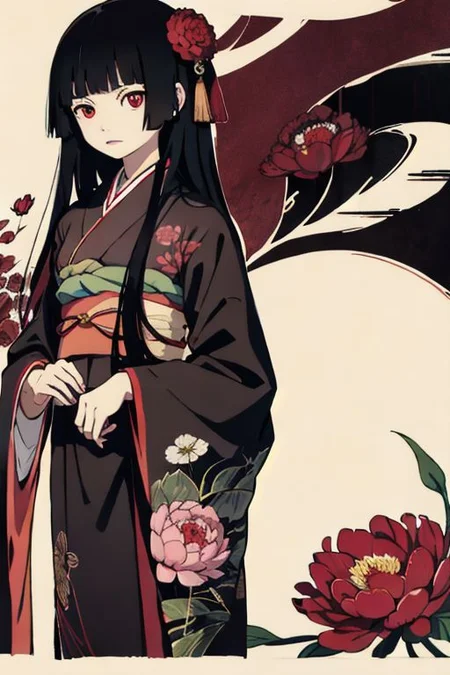 enma ai, hair down, hair black, bangs, eyes red, masterpiece, best quality, ultra-detailed, illustration, 1girl, solo, highres, photorealistic, ultra high res, (Original illustration composition), (fusion of limited color, Maximalism artstyle, kimono obi fashion, double exposure, background, illustration, Amazing, lily spider, night darkness, open one's mouth, flowers red, (polychromatic peony:1.15), Movie poster, ink Chinese