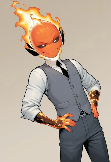 masterpiece, absurdres, high quality, perfect anatomy, 1boy, solo, cute boy, male focus, doyle, Orange Fire, Black Scelera, colored scelera, white shirt, grey vest, belt, sleeves rolled up, smug smile, hands on hips, cinematic, intricately detailed illustration, depth of field, masterpiece, best quality, amazing quality, very aesthetic, absurdres, newest, very awa, shadow, dynamic angle, casual cosplay, dynamic pose, simple background,