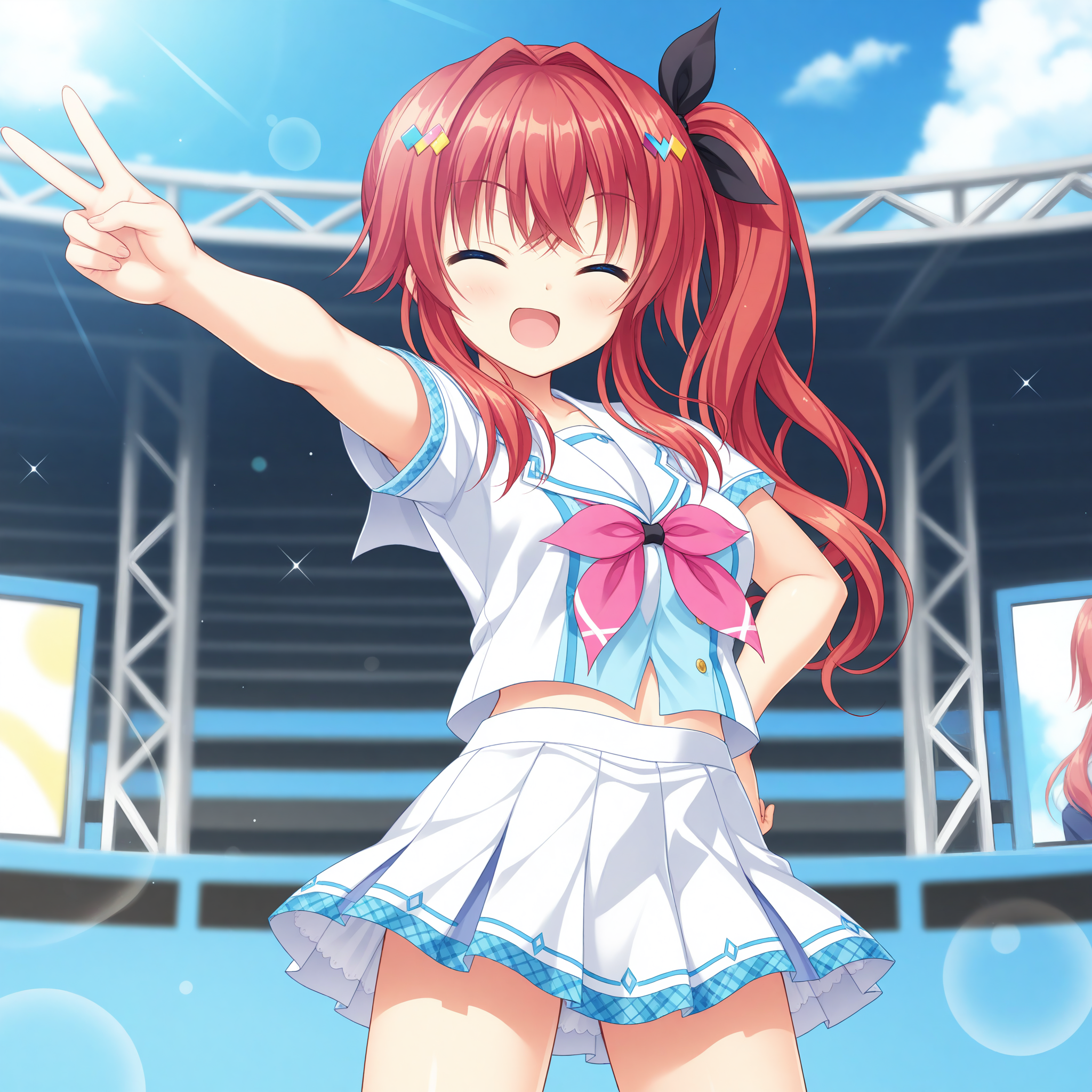 <lora:Kohinata_Hibiki_1_nai-000008:1>,Kohinata Hibiki,
side ponytail,sidelocks,hair intakes,hair ribbon,hair ornament,black ribbon,school uniform,white sailor collar,pleated skirt,sailor collar,short sleeves,serafuku,white skirt,miniskirt,white shirt,pink bow,midriff peek,
BREAK
1girl,solo,V,smile,closed eyes,open mouth,arm_up,standing,day,hand on own hip,depth of field,lens_flare,stage,outstretched arm,