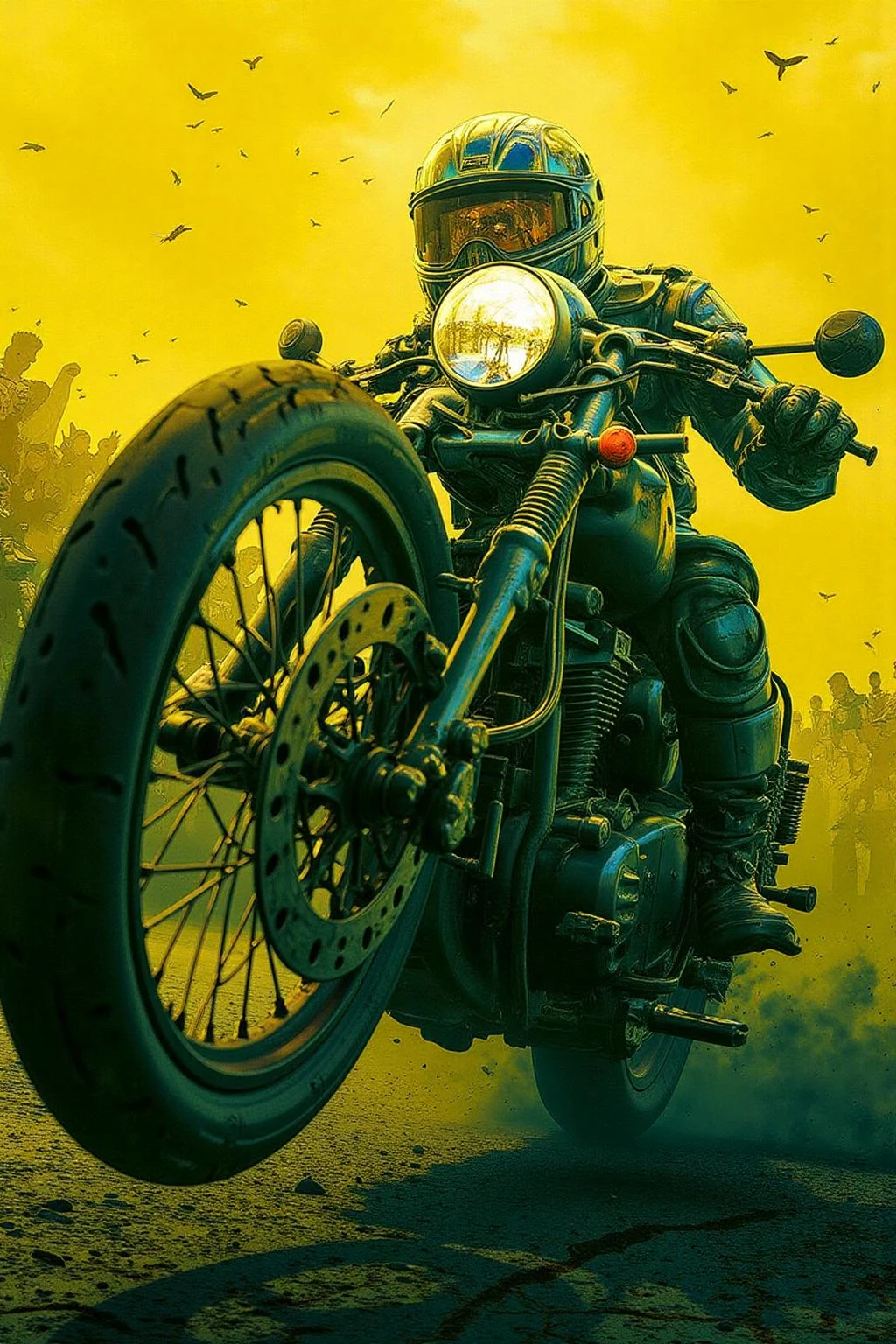 pascalblanche1 illustration. 
silmas.
Extreme low-angle close-up of a motorcycle's rear wheel mid-drift, molten rubber searing fractal-black scars into sun-baked asphalt, smoke coiling like liquid obsidian. The rider's mirrored visor dominates the foreground, reflecting a distorted fisheye lens perspective--camera glare fractures into neon starbursts. Asphalt gravel suspended mid-air, visor's reflection revealing a distant, blurred crowd roaring under a toxic-yellow sky.
    <lora:pascalblanche1_cap_d8a4:1.0><lora:860237234752757233:0>