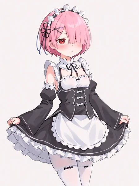 <lora:ram:1>,1girl, solo, ram_\(re:zero\), roswaal_mansion_maid_uniform, maid, hair_ornament, short_hair, detached_sleeves, pink_hair, ribbon, red_eyes, x_hair_ornament, hair_over_one_eye, looking_at_viewer, apron, breasts, white_pantyhose, blush, frills, hair_ribbon, pantyhose, bangs, hands_on_hips, dress, simple_background, long_sleeves, small_breasts, neck_ribbon, white_apron, waist_apron, maid_headdress, black_ribbon, closed_mouth, black_dress, white_background, standing, bare_shoulders, wide_sleeves, frilled_dress