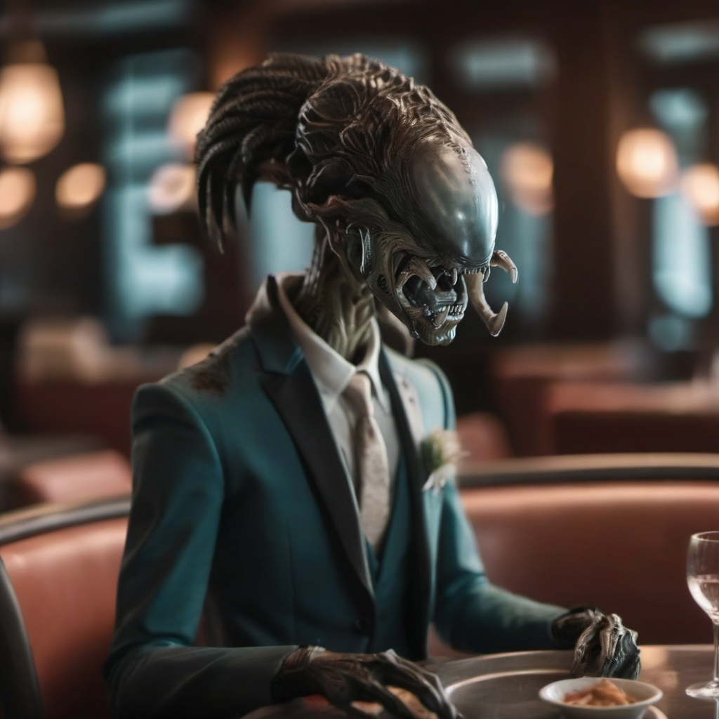 an alien in a suit eat in a fancy restaurant, full body <lora:Predalien1024:0.8>