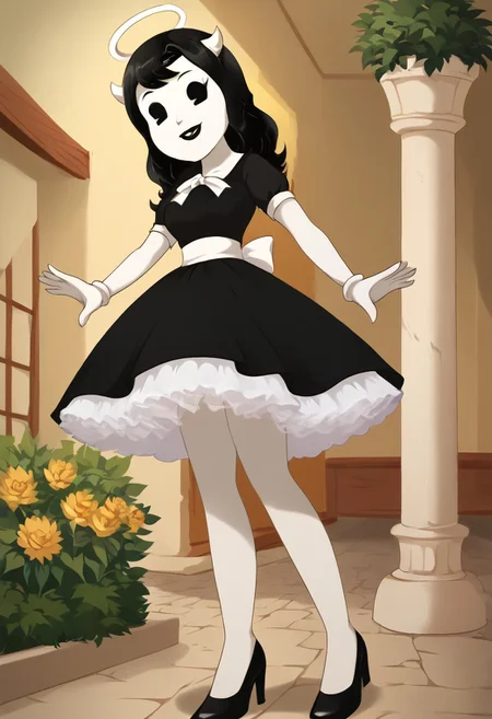 (Masterpiece, best quality:1.2), score_9, score_8_up, flat color, flat shading, soft shading, lighting, Alice Angel in a 1950's dress, a fluffy frilly ruffled full petticoat, and high heels, dress, layered petticoat, frilly petticoat, fluffy petticoat, full petticoat, wide dress, flowing dress, solid colored skirt, short sleeves, black hair, Bendy and The Ink Machine, series accurate, cute, best high quality, high res, black lips, white colored skin, whole body shot, 1girl, solo, outside, standing straight, in a garden, cute, adorable, smile, low angle shot, upskirt shot, cartoon, cartoon style, vector, solo, circle dress, 1950s, alice angel