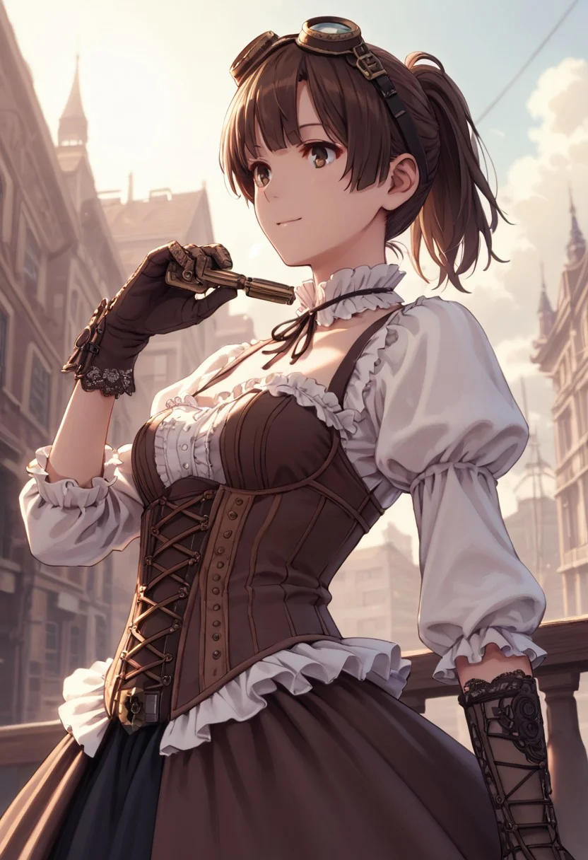 score_9, score_8_up, score_8, score_7_up, source_anime,
1girl, katou megumi, Megumi <lora:KatoMegumi:1>,brown hair,katou megumi,brown eyes, medium breasts , short hair, ponytail ,masterpiece, best quality, steampunk theme, victorian cityscape background, wearing a detailed steampunk dress with brass and leather accents, intricate corset, puffed sleeves, lace gloves, goggles resting on her head, holding a small pocket watch, standing near a steam-powered contraption, gears and pipes in the foreground, warm sepia tones, soft sunlight breaking through clouds, gentle smile, elegant pose, side-angle perspective, detailed textures, cinematic atmosphere, intricate mechanical elements