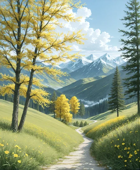 masterpiece, best quality, amazing quality, very aesthetic, perfect eyes, Sinozick_illu, crestyle, Sinozick_illu, gr4ph1t3,
,flower, outdoors, sky, day, cloud, tree, blue_sky, no_humans, cloudy_sky, grass, nature, scenery, forest, mountain, road, field, mountainous_horizon, path,A stunning landscape photograph of a mountain range with snow-capped peaks. The foreground is filled with lush green grass and vibrant yellow flowers, while the background features a winding path leading into the distance. The sky is a bright blue with fluffy white clouds scattered across it. The trees are tall and slender, with their bright yellow leaves standing out against the green foliage. The overall scene is peaceful and serene, with a sense of natural beauty and tranquility.
