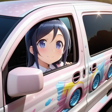 aragaki ayase,smile,vehicle focus, from side(lapping car,print car,painted car style),masterpiece,best quality, very aesthetic, absurdres, ultra detailed <lora:Ayase_Aragaki_-_Oreimo:0.7> <lora:lappingcar:1>