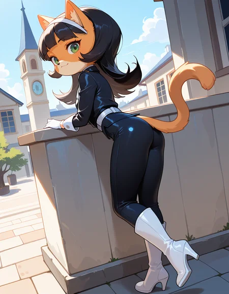 masterpiece, best quality, very aesthetic, absurdres,
outdoors, posing, 
white gloves, white high heel boots, black pants, black jacket, long sleeves, 
<lora:Kitty_Katswell_v01_NAIXL:1>
K1tty_Kat6w3311, 1girl, solo, furry, furry female, animal ears, long hair, black hair, hairband, blunt bangs, flipped hair, green eyes, animal nose, body fur, orange fur, cat tail,