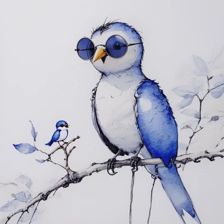 <lora:Blue_Watercolor_DreamscapeSDXL:1> ArsMJStyle, Blue Watercolor Dreamscape, The image is a watercolor painting of a blue bird sitting on a branch. The bird is facing towards the left side of the image and is wearing a pair of round sunglasses with a yellow beak. It has a white body and wings and its tail feathers are a light blue color. On the right side there is a small white bird with a black beak and wings. The branch it is sitting on is thin and has a few twigs attached to it. The background is a light beige color. The overall style of the painting is simple and minimalistic., bird, traditional media, painting (medium), watercolor (medium), branch, no humans, animal, sunglasses, white background, beak
