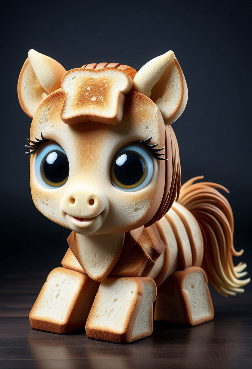 T04STS, a cute pony is made of toasts, detailed face, (big eyes:0.9), detailed eyes, ,Masterpiece,best quality, raw photo, realistic, very aesthetic