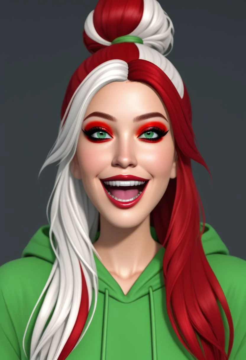 vpzdxizz, 1girl, v, multicolored hair, solo, red hair, white hair, green eyes, hood, makeup, open mouth, two-tone hair, hoodie, long hair, teeth, eyeshadow, smile, hair bun PonyXLV6_Scores zPDXL