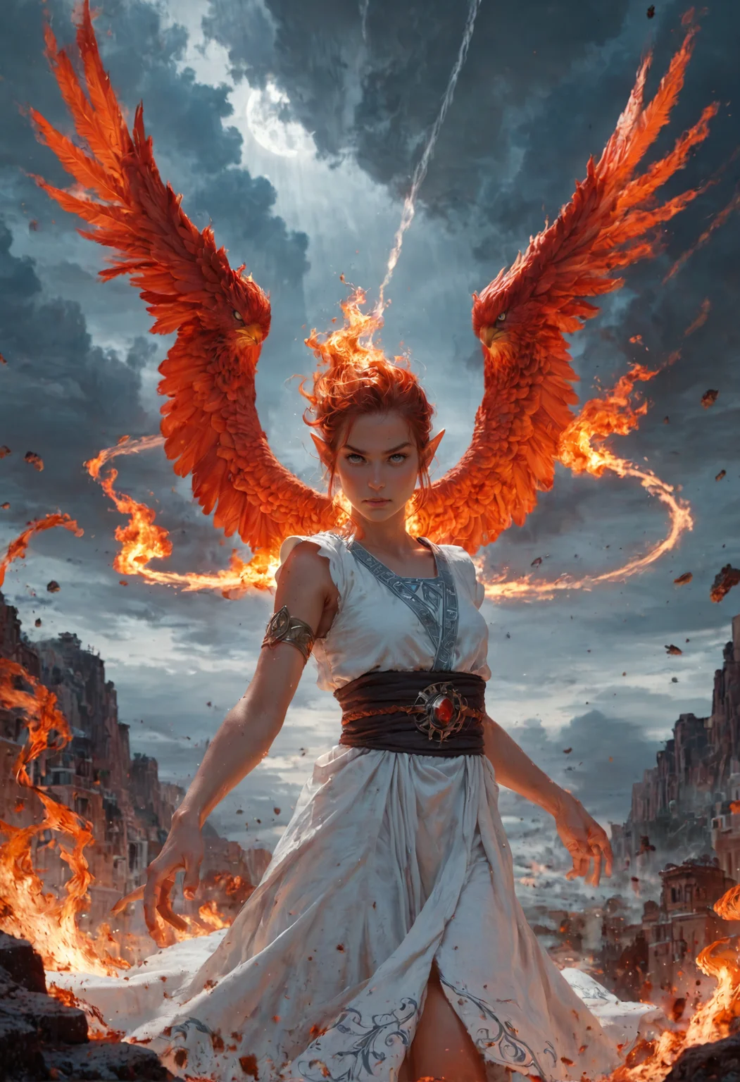 score_9, score_8_up, score_7_up BREAK female elf avatar, white eyes, levitation, intricate tunic, air elemental, water, fire, earth, tornado, hurricane, surrounded by strong winds, epic pose, cute face, symmetrical, phoenix background