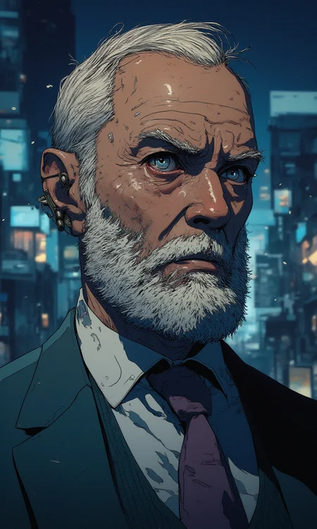 old man with a beard wearing a suit and tie close up portrait photo , gray eyes, closeup on face cyberpunk anime city at night, comic illustration<lora:Flux\mine\smalleyes.safetensors:0.0:0.0> <lora:Flux\CPA.safetensors:1.0:1.0>