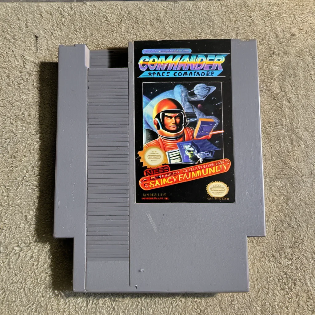 <lora:nes:1> nes video game cartridge,Space Commander, english text, no humans, solo, parody