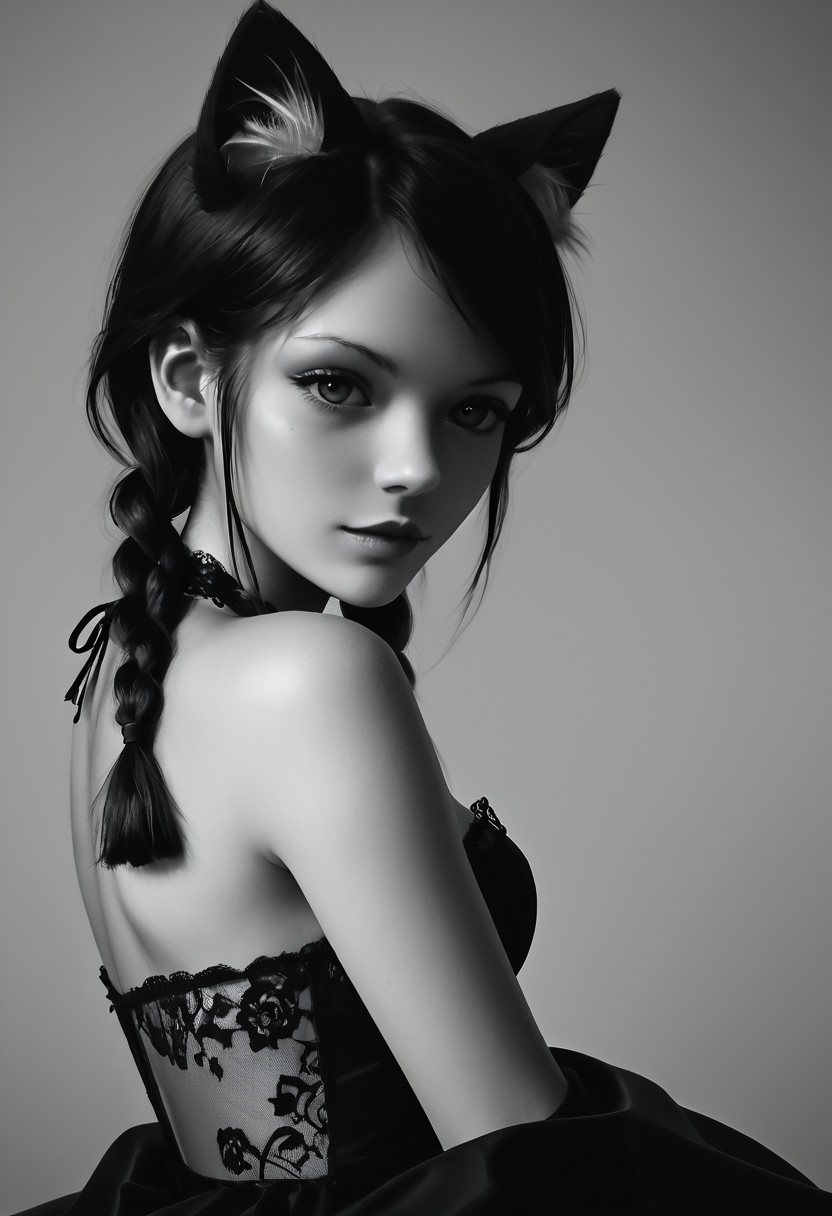 score_9, score_8_up, score_7_up, source_photo, Ultra detailed, dark theme, dim lighting, black theme, dark room, monochrome,
dark lit bedroom, low lighting, shadows, black hair, twin braids, lilycat, cat ears, animal ear fluff, bangs over one eye, thin eyebrows, perfect face, sexy, sexy girl, beautiful eyes, glossy lips, medium perky breasts, dark lace halter-top dress, side view, from above