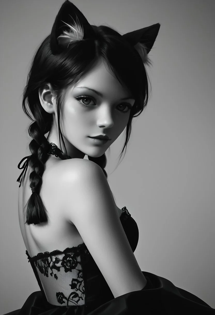score_9, score_8_up, score_7_up, source_photo, Ultra detailed, dark theme, dim lighting, black theme, dark room, monochrome,
dark lit bedroom, low lighting, shadows, black hair, twin braids, lilycat, cat ears, animal ear fluff, bangs over one eye, thin eyebrows, perfect face, sexy, sexy girl, beautiful eyes, glossy lips, medium perky breasts, dark lace halter-top dress, side view, from above
