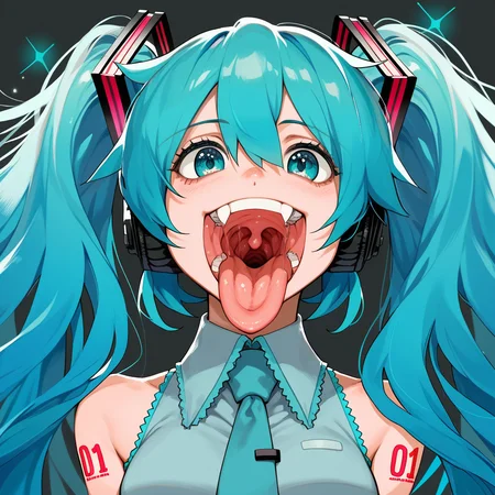 score_9,score_8_up,score_7_up, open mouth, tongue, teeth, uvula, bust shot, long hair, anime, Hatsune Miku, medium breasts