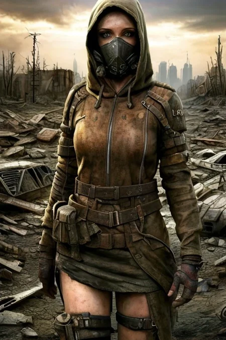 (masterpiece:1.2), (best quality,:1.2), 8k, HDR, ultra detailed, ((photorealistic)), professional light, cinematic lighting, fashion photography, ambient lighting, atmospheric effects, <lora:detail_slider_v4:3>, a beautiful woman, wild red hair, dark makeup,  as a female Wasteland survivor, mask, hood, long leather coat, boots, leather pants, belt, exploring the ruins of a destroyed city, <lora:Wasteland:0.66>,  WasteAr, <lora:WastelandArmor:0.7>, style of Mad Max, style of Fallout, <lora:zoom_slider_v1:3>, epiCPhoto